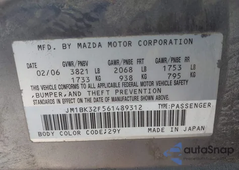 2006 Mazda Mazda3 I z USA, uszkodzony, nr VIN JM1BK32F561489312